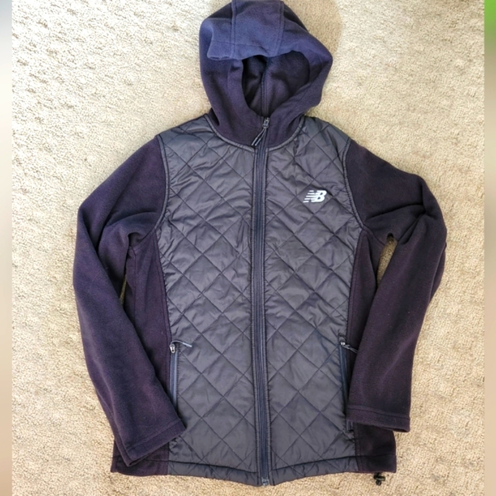 New Balance Fleece Quilted Grey Hooded Zip Up Running Gym Jacket Womens Small
